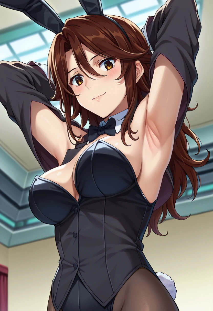 (best quality:1.5, highres, UHD, 4K, detailed lighting, shaders), brown hair, big ponytail, busty, bunnygirl, cleavage, (close shot), squating, fishnets, cameltoe, fake bunny ears, night bedroom background, smiling, sexy, erotic, lewd, seductive