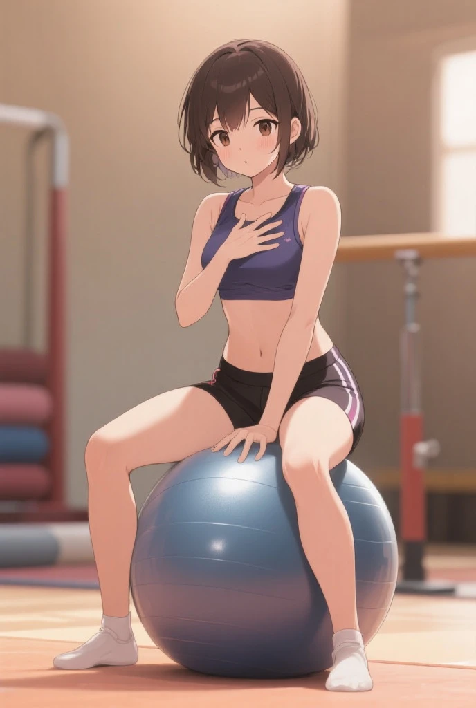 score_9,score_8_up,score_7_up,masterpiece,best quality, source anime, realistic, super detailed, extreme detailed, rating_safe,
1girl, sitting on exercise ball, 
BREAK girl, 22yo, short hair, bob cut, (blunt bangs), black hair, (tareme, detailed cute brown eyes), curled eyelashes, (large breasts:0.9),
shiny hair, beautiful detailed eyes, beautiful face,
gymnastics wear, buruma, sweat, smile, school gym