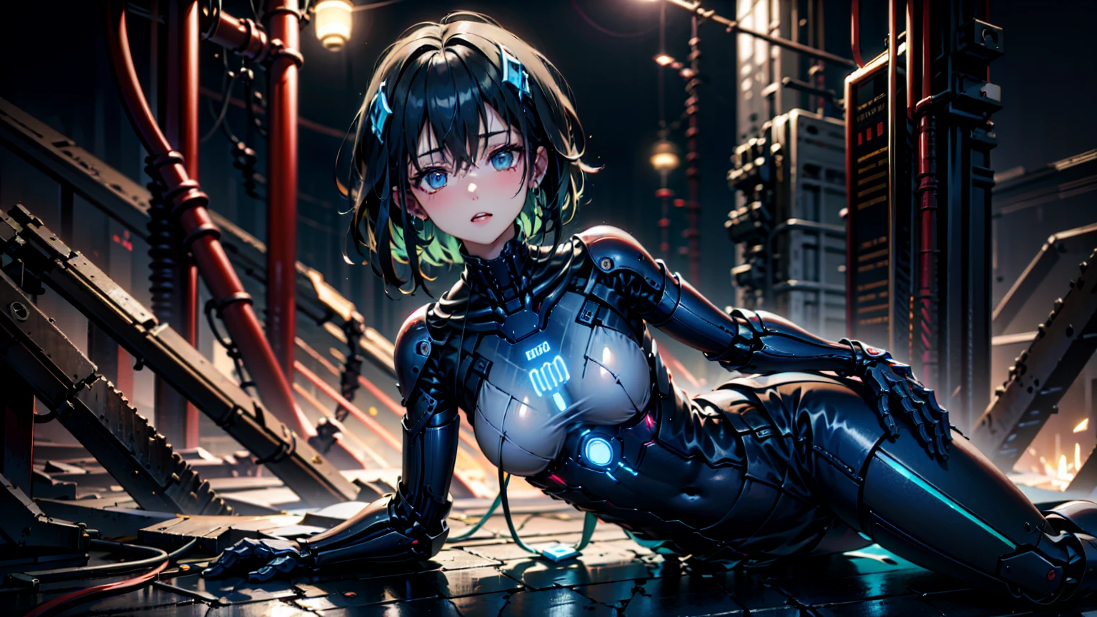 (Golden ratio:1.2),[(Black background:1.4)::10],(Masterpiece), (Best quality), (Ultra detailed),(Disheveled hair),(illustration),(1 girl:1.3),Solo,(full body),Black hair (The color of the internal organs of the hair is blue),(Blue eyes:1.1)+(Diamond pupils:1.3),Huge breasts,silm weist,(Large set:1.3)+(black latex bodysuit:1.3)+(Sheer skirt:1.3),Breast excision,black latex suit,Smooth black skin,Black body,PVC,Glossy latex clothing,rubbersuit,Cyberpunk,Infinite big data floating in this space,(Mature female:1.2),(Sit in the blue cube of the future:1.2)+(Ivory white fiber optic cable:1.3)+[(Inception:1.2)]