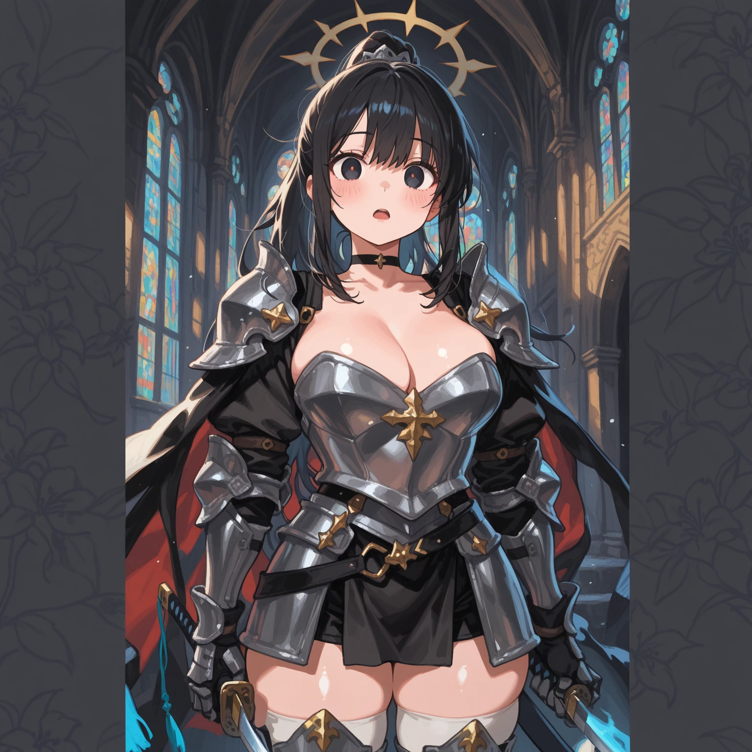 Iron bikini armor, iron crown, bare belly, big breasts, black hair, red eyes, bikini armor, iron