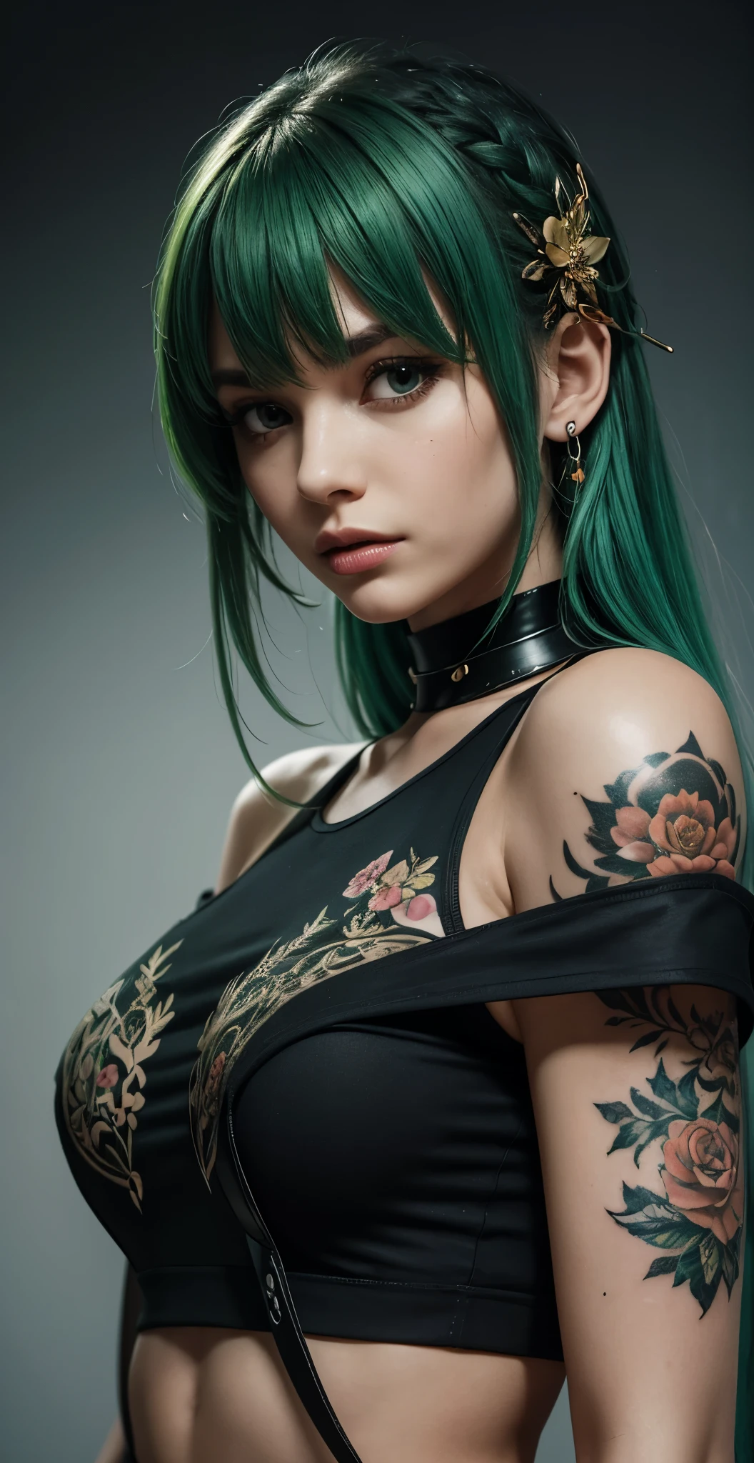 young, tatooed, red mane, sporty, european women, mid 30, small bust size, green eyes, tattoos another girl's arm