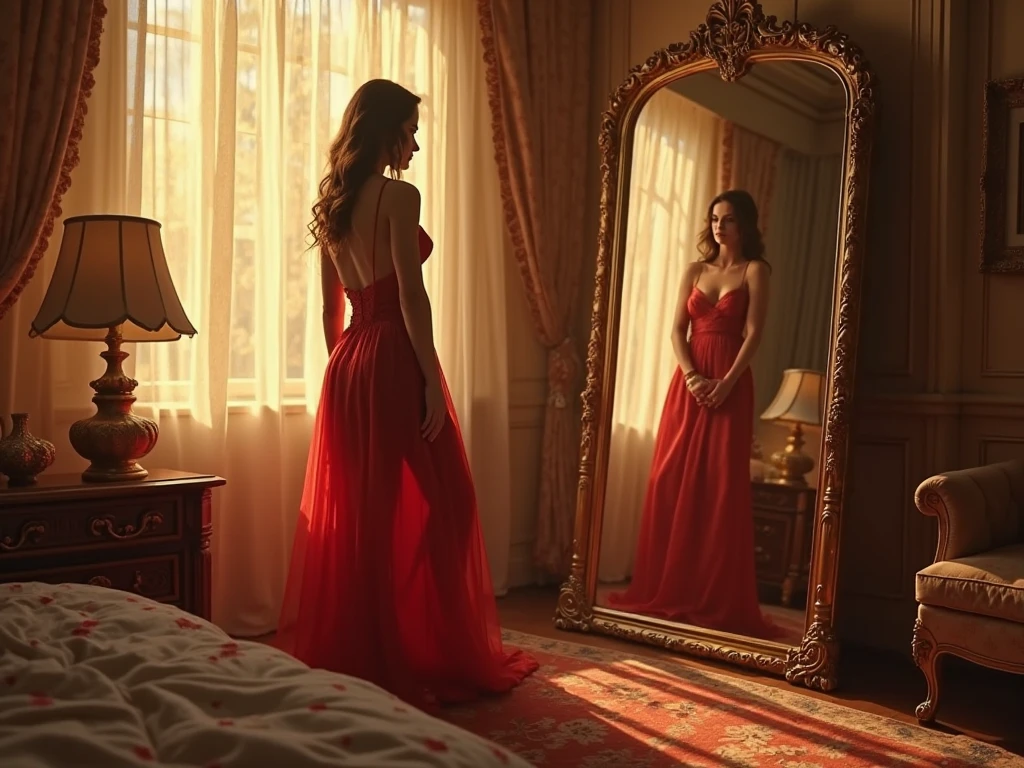 There is a woman in a swimsuit in front of a door, backlit body, backlit, full body backlit, backlit, backlit, back view, rear view, back view, is wearing a (((((tulle red)))) and ((((tulle red micro shorts)))), standing near a window, afternoon sunlight, looking out, full growth from behind, backlit, backlit
Woman, ((Masterpiece, best quality)), full body view, detailed skin, highly detailed, cinematic lighting, ultra realistic, dark brown hair, medium hair, portrait, cleavage, full body view, contrast, close-up up, cinematic light, ultra-high resolution, best shadow, RAW.
Woman with white skin and dark brown hair. She is around 40 years old, 165 cm tall and weighs 56 kg. She has a perfect mouth, a perfect face. Her body exudes glamor and her face is a definition of beauty. Slender body, thin waist. Highly realistic, hyperrealism, very elaborate skin, perfect face. Clear Photo, High Resolution, High Quality, Masterpiece, 16K Photo, High Contrast, Masterpiece, Nude, Nude, NSFW
