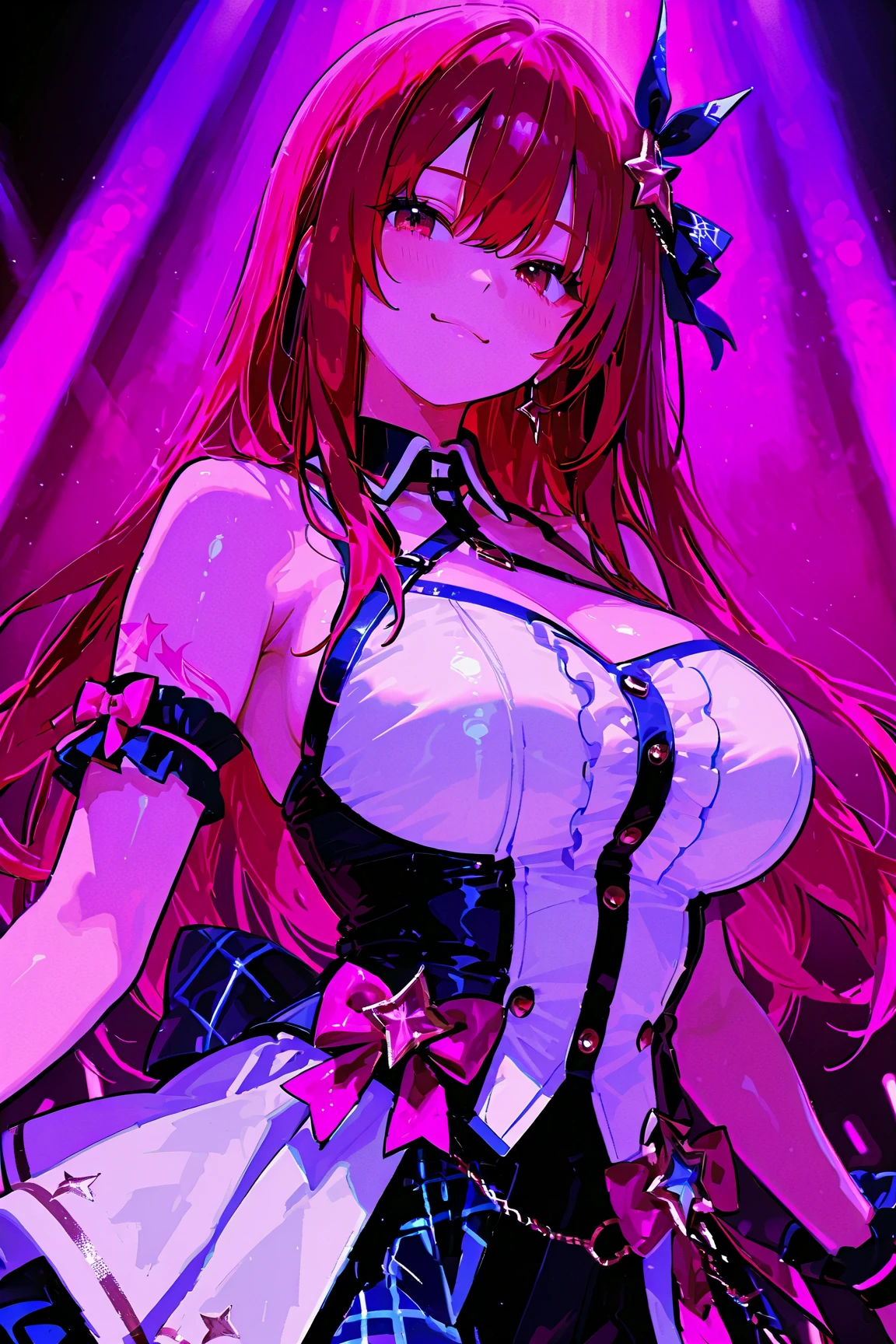 ASAMIKEI, red HAIR, PONYTAIL, LONG HAIR, SIDELOCKS, PURPLE EYES,, large breasts, live stage, solo nipple