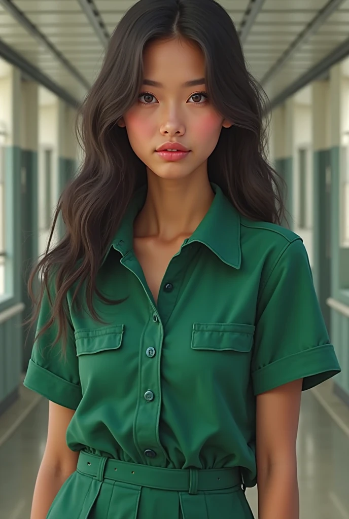 a super beautiful girl, long curly hair, brown hair, old fashion, retro shirt, hongkong comic girl, vintage style, background is a wall composed by newspapers, high details --auto --s2