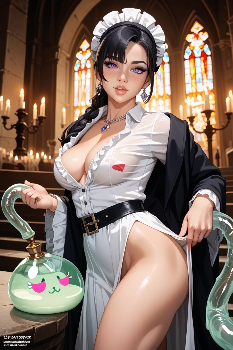 (kawaii,cute:1.1), ((high resolution:1.8)), (incredibly absurdres:1.1), (hires.fix:1.3), extremely detailed CG unity 8k wallpaper BREAK ((masterpiece:1.5)), (8k, RAW photos, highest quality, high resolution, absurdity), high-definition RAW color photos, professional photos, paper cutting, (beautiful girl), (detailed beautiful face:1.3),(detailed beautiful silver eyes),big tits, cleavage, wedding dress, ((white dress)), scenic print, pale_skin, beautiful black hair, braided bangs, ((long hair, straight hair)), BREAK ((beautiful church)), ((beautiful stained glass)), (magnificent panorama view), (underworld, fantasic ocean), depth of view