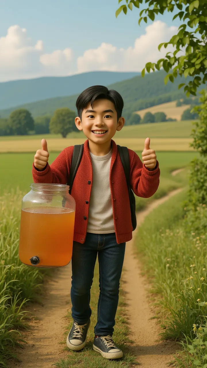 there is a smiling young boy holding a {{{honey jar}}} and red apple drifting honey, children's art in art station, adorable digital painting.