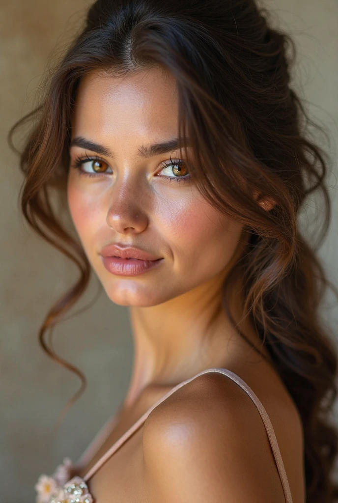 Pretty beautiful brunette, angle parfait, very detailed, , visage affectueux, long messy hair, Brown eyes, high resolution, head of'artwork, best quality,intricate details, very detailed,sharpness, detailed skin,realistic skin texture,texture, detailed eyes, professionnel, , ssmile, , 85mm,shallow depth of field,kodak vision color, eye shadow, extremely detailed, photo_\(ultra\), photorealistic, realistic, Post-traitement, maximum detail, roughness, real life, ultra realistic, photorealism, la photographie, 8k uh, la photographie, in a bed, en sous vetements, qualité photo iphone