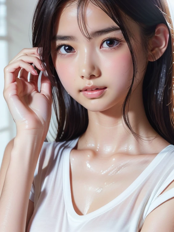 Highest quality、Masterpiece、High resolution、realistic lighting、photo、photorealistic、realistic eyes、realistic semen、 1 japanese girl、jpn-girl、bangs、short hair、large breasts,、(bukkake:1.2、Wet body:1.2、A shy smile:1.2)、One Woman、Cleavage、((((cum in hair:1.4、cum facial:1.4))))、teenage、sweater vest