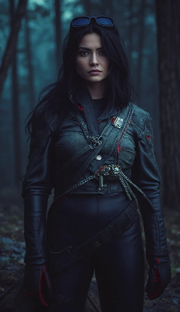 In the realm of dark fantasy, a captivating figure with raven-black hair stands against the backdrop of a forest, subtly turning their back to the audience. The character's features are highlighted by the soft, eerie glow emanating from the cloudy sky above. A sense of mystery envelops them as they clasp a katana in their left hand, its sharp edge reflecting the scattered light from the gloomy atmosphere. The forest background is rich with detail, its foliage casting intricate patterns on the character's form-fitting clothes. The street beneath our protagonist glistens with water droplets, creating a misty effect that further enhances the enigmatic