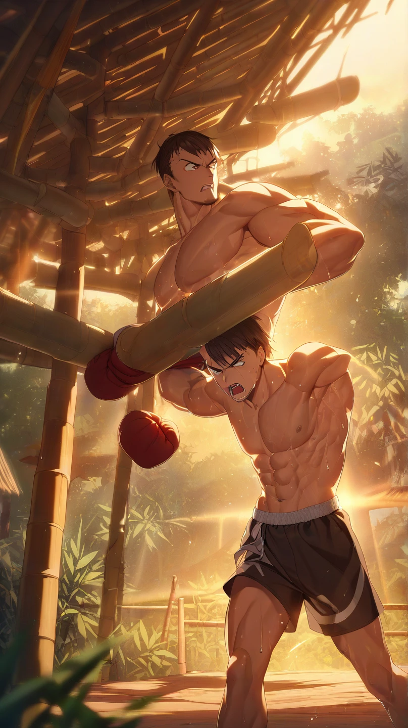 (Masterpiece, Best quality 18 year old boy, black background, cowboy shot), solo, Young, boy, muscler, Shirtless, topless, (Dark Short straight hair, under cut, brown eyes), (red headband, ((leather fingerless grobe, black wristband))), ((hot Abs:1.2, big breast:1.2, upper arms), Vivid colors, (aura power:1.4), detailed face, detailed muscle, (((A magical mystical aura, rippling muscles, fighting pose, struggle, combats, fighting, chilling atmosphere, subtle color tones)))