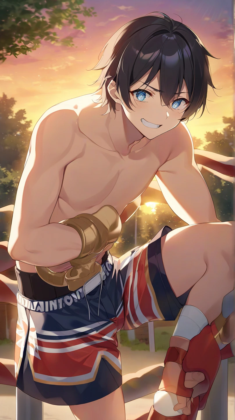 a single boy in anime style lifting weights, well-defined contours, vibrant colors, white background.
