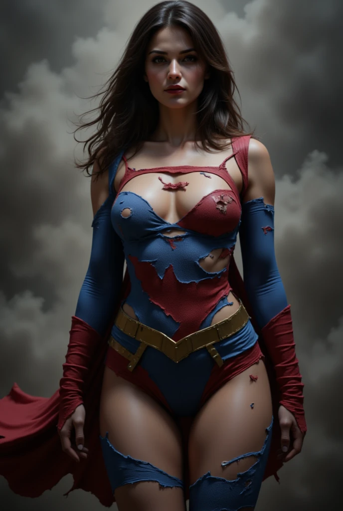 Award-winner photo, magazine shot of a woman body set medium breasts, cute face, sexual posing, ripped unbuttoned Supergirl costume dress, torn clothes, bellybutton, scratches, at the street of a ruined megapolis, post apocalyptic world, distopya, fallout, biohazard, cozy, sunset, dramatic light, warm light, rim light, hbo channel, Netflix movie