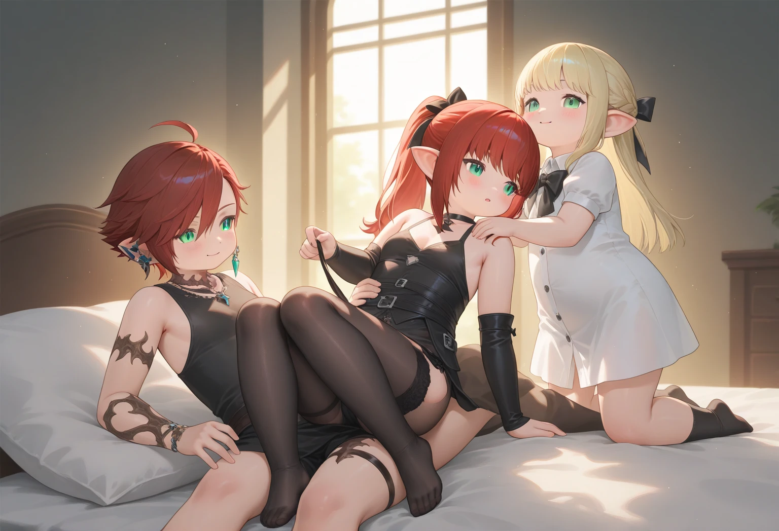 (masterpiece, best quality, high resolution, anime movie cover, 5 little s, girls, long red hair, very short black hair,, long blonde pigtails, very short white hair,,((small breasts)) (nude , blush), fancy room, long lace gloves, garter belt, long lace stockings, earrings, lace choker