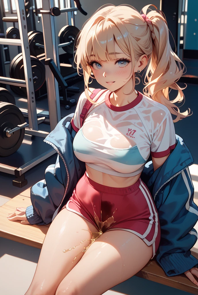 Bright white shirt、Red Hot Pants、shortpants、Modern fashion、High-cut sneakers、20yr old、a blond、Twin-tailed、large full breasts、Sexy body、Pull up your shirt yourself、(opened breast), large boob,lotion、Sweating, In the street、red blush、embarrassed from、glares、Put your hands on the ground in front of your body、Emphasize by pinching your with your arms、Squatting and spreading crotch、BDSM、Crab crotch with spread crotch、tiptoeing、Sex Expressions、((a large amount of cloudy liquid drips from the genitals、Vibrator in pants))、(((A boy attaches a string to a girl's neck and pulls:1.3)))、audience