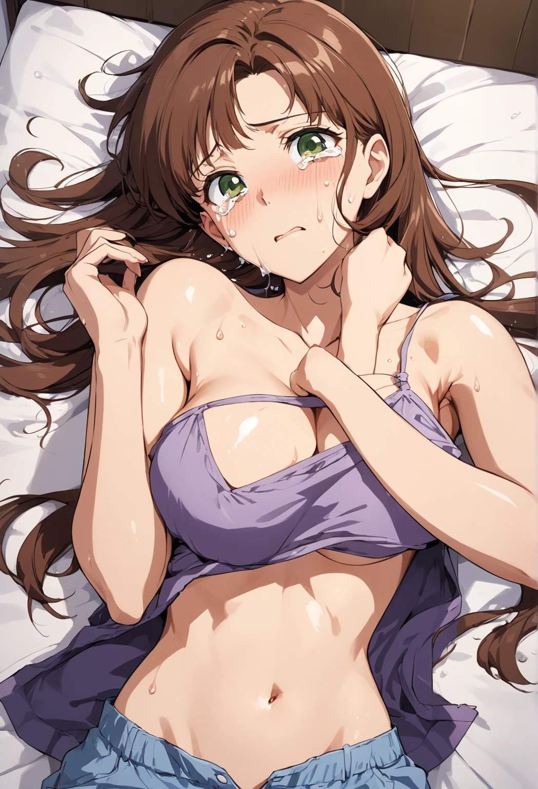 masterpiece, Highest quality, High resolution, (Makoto Kino),1990s \(style\),height: 175cm, Brown long hair,ponytail、 sexyな長い脚, Oversized camisole,No bra,Shorts, Bedroom,(E-cup beautiful breasts)、Sweating all over the body、Muscular、sexy、Face writhing in pleasure、Sweaty、Configuration from the front、Shyness、blush、Shy、look up,Anime-style painting style,Composition focusing on the upper body、Lying on your back、One nipple exposed