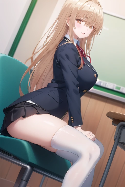 Mahirsha, Mahiru Shiina, blonde hair, (brown eyes:1.7), long hair, (smile)、(big breasts)、(spread your legs), break ブレザー, bow, bowtie, collar, collared shirt, Jacket, Plaid, Plaid skirt, pleated skirt, red bow, red bowtie, school uniform, shirt, shoes, skirt, white lace panties、break looking at viewer, whole body, break indoors, classroom, break (masterpiece:1.2), highest quality, High resolution, unity 8k wallpaper, (shape:0.8), (beautiful and detailed eyes:1.6), highly detailed face, perfect lighting, Very detailed CG, (perfect hands, perfect anatomy),