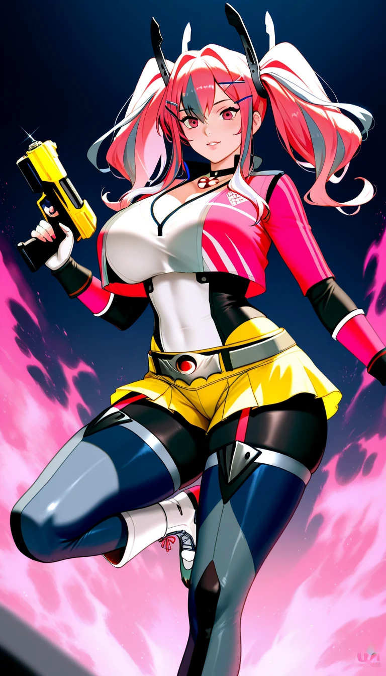 Cassidy aesthetic, white gloves, high heels, (aletta ocean face), (puffy lips), FernFrieren, ((tight black skirt)), thong under skirt, ((v cut abs, slendered abs)), very long hair, ((orange hair)), eyes, ( pupils), (black top), giant letter R on top, ((long white boots)), ((over thigh boots)), looking down, ((black team rocket uniform)), straight-on, expressionless, (detailed face), arms spread out, standing for battle, looking at viewer, (gigantic breasts:1.4), ultra detailed, masterpiece, best quality, aesthetic, detailed, hair, thick thighs, small feet,small waist