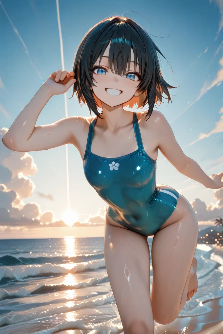 best quality, masterpiece, (realistic:1.2), 1 14yo girl, totally naked, (silhouette lighting:1.4), (smile:1.3),  screaming from happiness and joy having strongest orgasm ecstasy, (face close-up, full body, head shot:1.4), (tomboy, light brown pixie cut hair with bangs:1.2), (slant eyes, blue eyes:1.5), detailed face, beautiful eyes, (tanned skin), (medium breast, under boobs:1.5), (swimming in the tropical sea, midsummer, clouds:1.4)