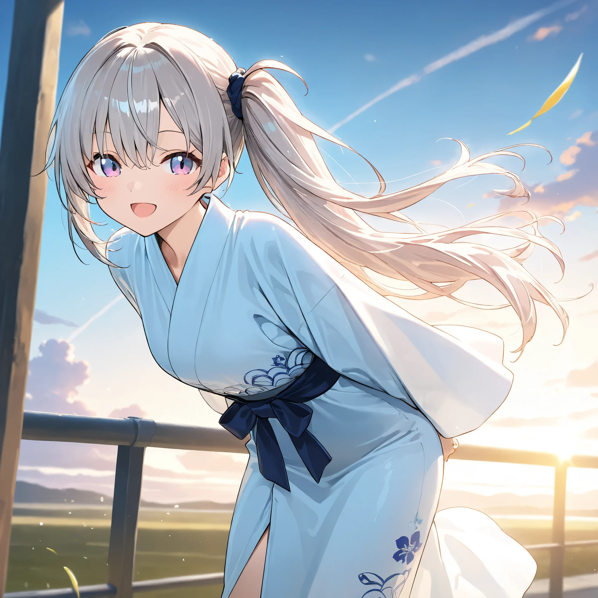 1 Girl, gray hair,Pink blue eyes ,Big , open mouth , outdoor,wind, Game CG,,( masterpiece), (best quality), (ultra-fine), very aesthetic, illustration,super fine skin, Glossy Skin, ( masterpiece), (best quality), (ultra-fine), very aesthetic, milk,, REAL LIGHTING , 4K, 8,000,Her hair is tied to the right and tied in a side ponytail,