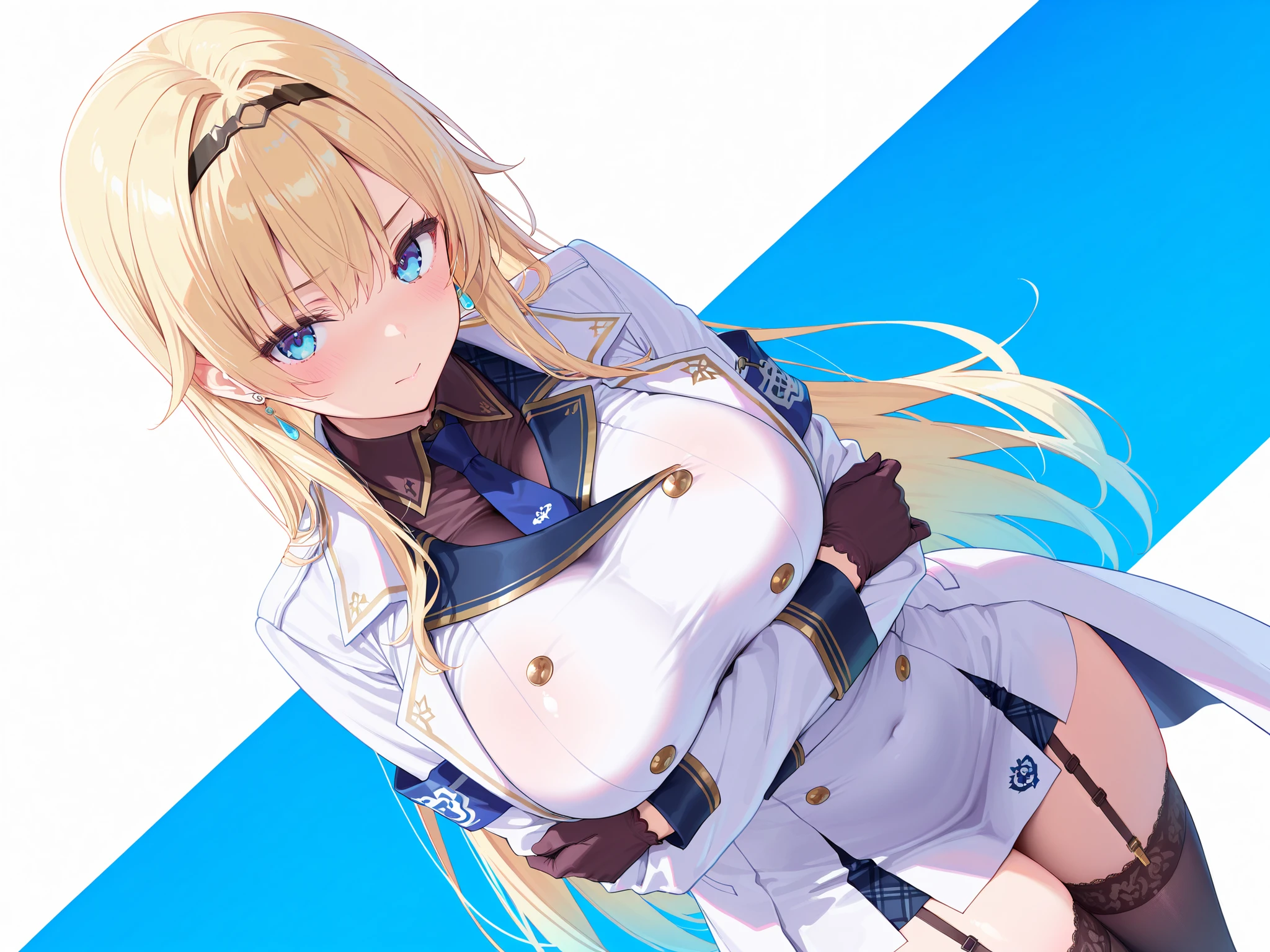 masterpiece,best quality, amazing quality, highres, absurdres, very aesthetic, high resolution, ultra detailed, perfect details,EmaMilitary, long hair, hairband, earrings, short dress, necktie, gloves, white coat, garter straps, thighhighs,,anime keyvisual,large breasts、look at viewer、breast hold、crossed arms