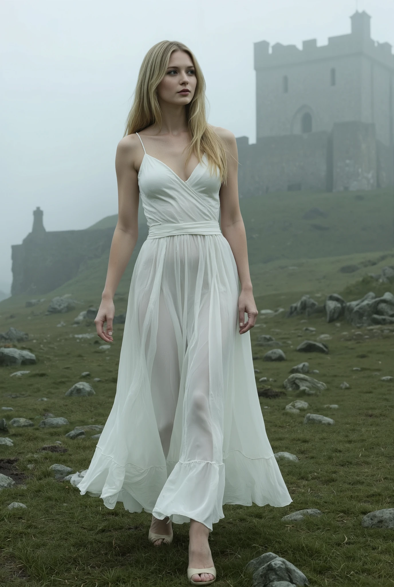 Create a realistic photograph of a beautiful 20-year-old girl with fair skin and long, straight blonde hair. She is wearing a flowing white silk dress and is captured in a full-body shot while walking. The background features an ancient Scottish castle shrouded in thick mist, creating a mysterious atmosphere.