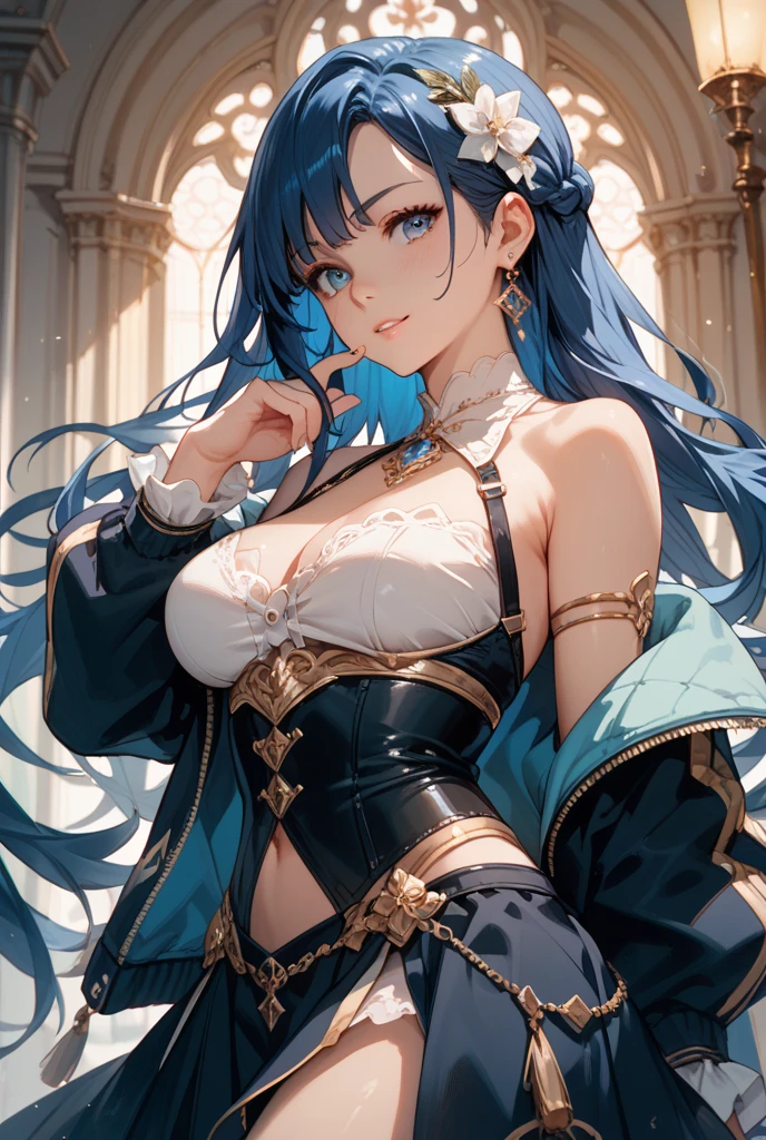 dark blue hair,,long hair,blue eyes,pointy ears,elf,school swimsuit,tied up,clips on breast