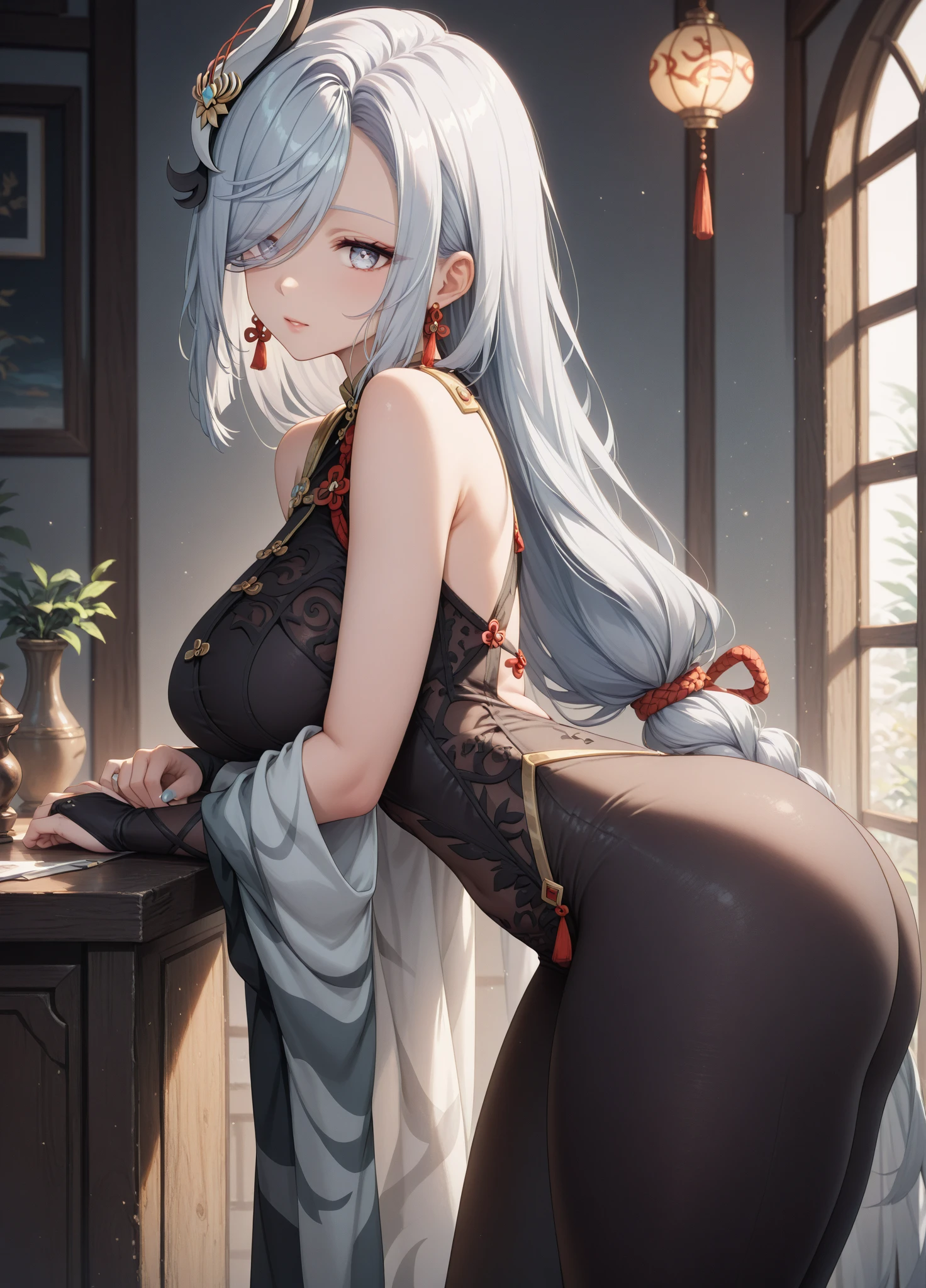 realistic image, coherent image, detailed image, 1 beautiful elf. She has silver hair, long hair. Yellow eyes, long eyelashes. Her face is oval and delicate. Smiling. She wears a red Cheongsam, side slits. She has a curvy body, medium breasts and thick thighs. Chinese temple, flower petals falling around. ambient light, volumetric light,