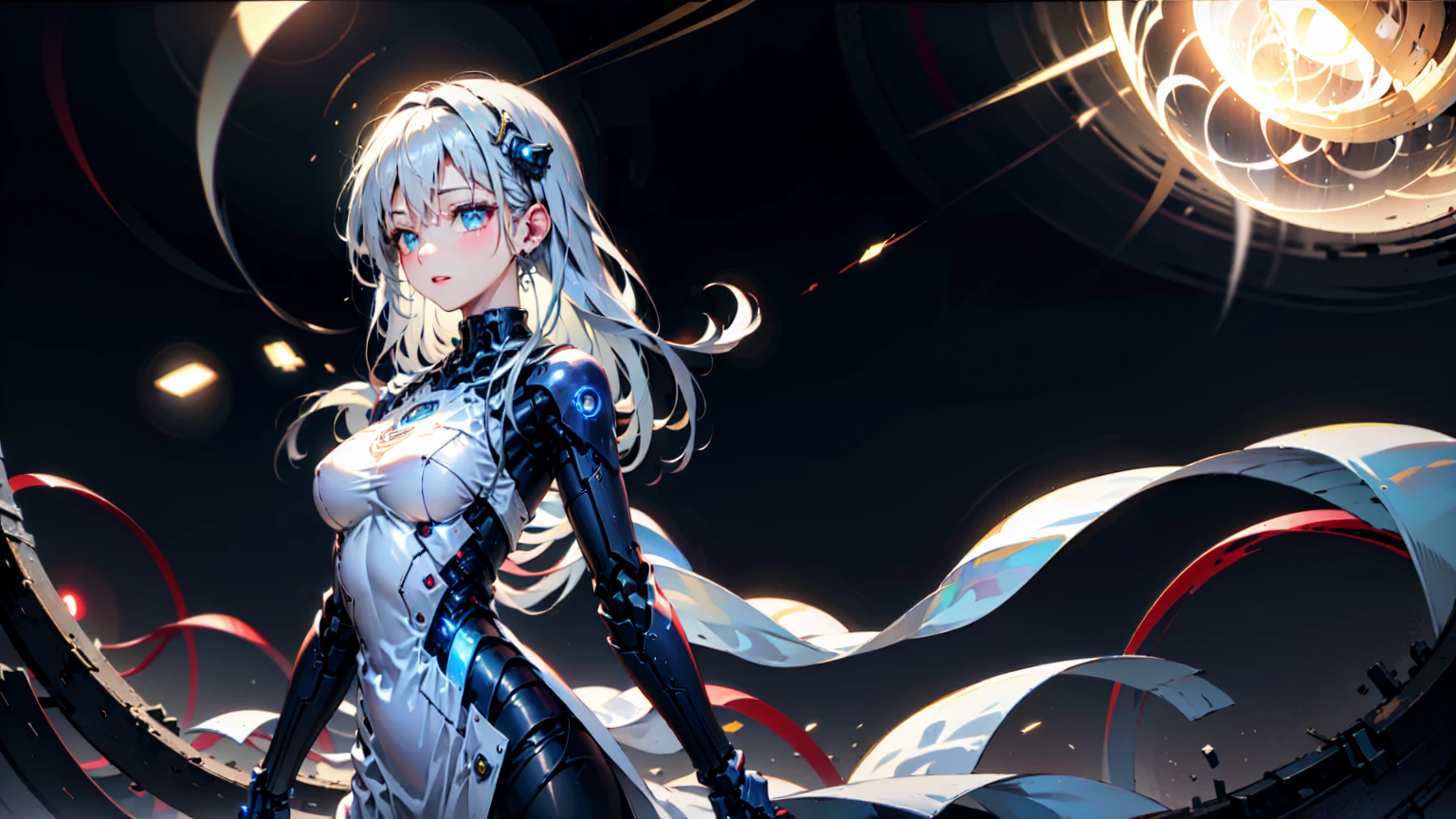 tmasterpiece，best qualtiy，ultra - detailed，Kizi，Blue eyes with red flames（1.3），Beautiful face,Beautiful eyes，Handheld flame（1.3）Dark red katana，（Translucent body，Reflex the skin），(((Masterpiece))), (((best qualityer))), ((Ultra-detailed)), (illustration), (detailed light), ((an extremely  delicate and beautiful))，The mech has a smooth surface， (highdetailskin:1.2)，Proper body proportion、perfect anatomia，complex mechanical bodysuit、mecha corset、tightsuit，（The mech is slightly transparent）20yr old，The mech is ready，There are many blue flames around the figure（1.3）