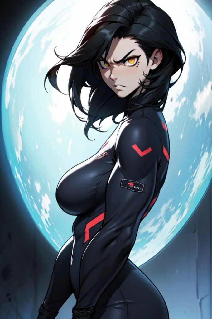 muscular girl huge breasts yellow eyes black hair pale skin frowning
