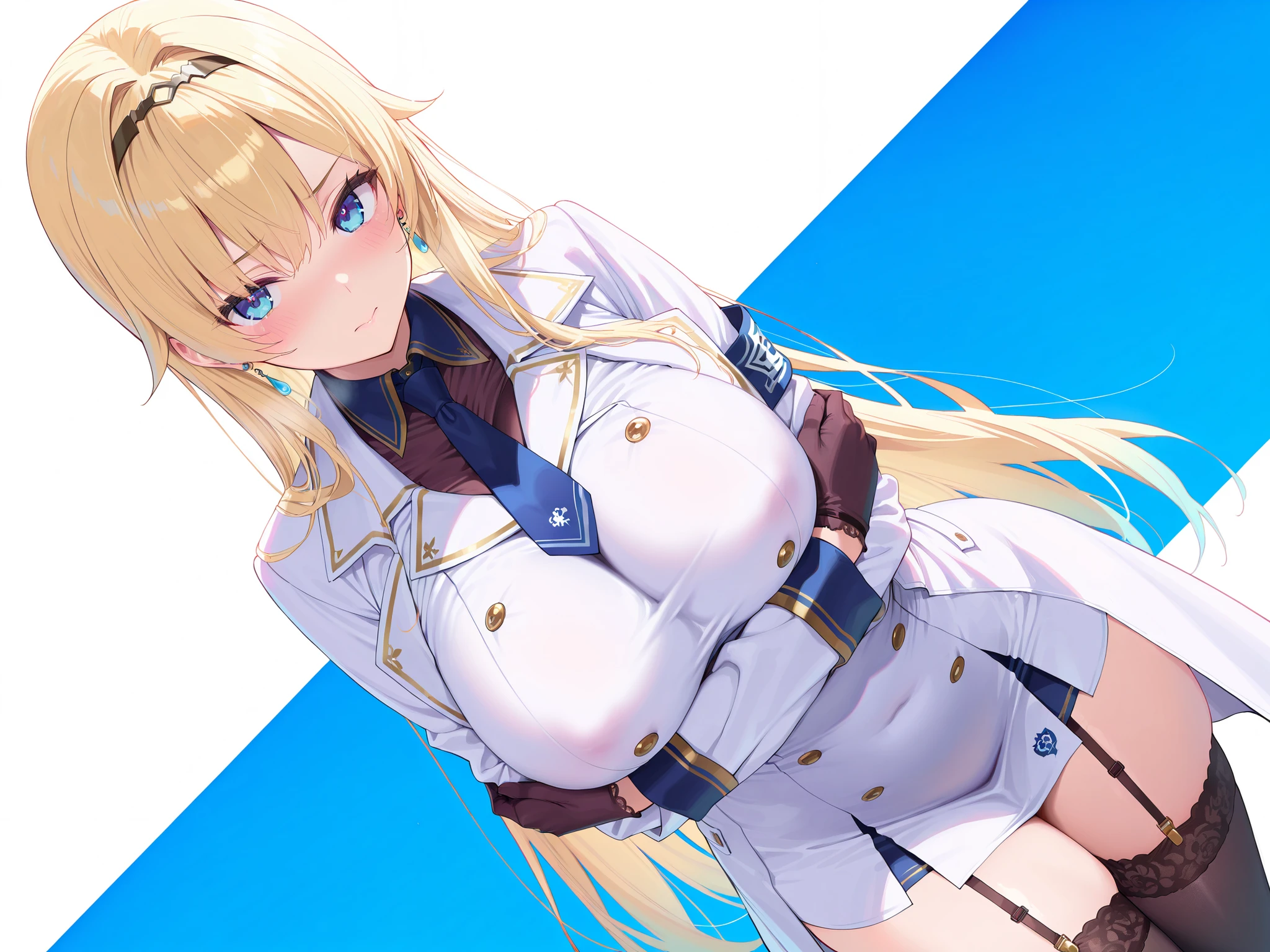 Asecilia, Very long hair, Curly Hair, Drill Hair, Blue hair band, , White jacket, White Dress, Big Breasts, Nipples, Long sleeve, belt, Black Pantyhose, Hands on hips, indoor, Standing 0B0, one person