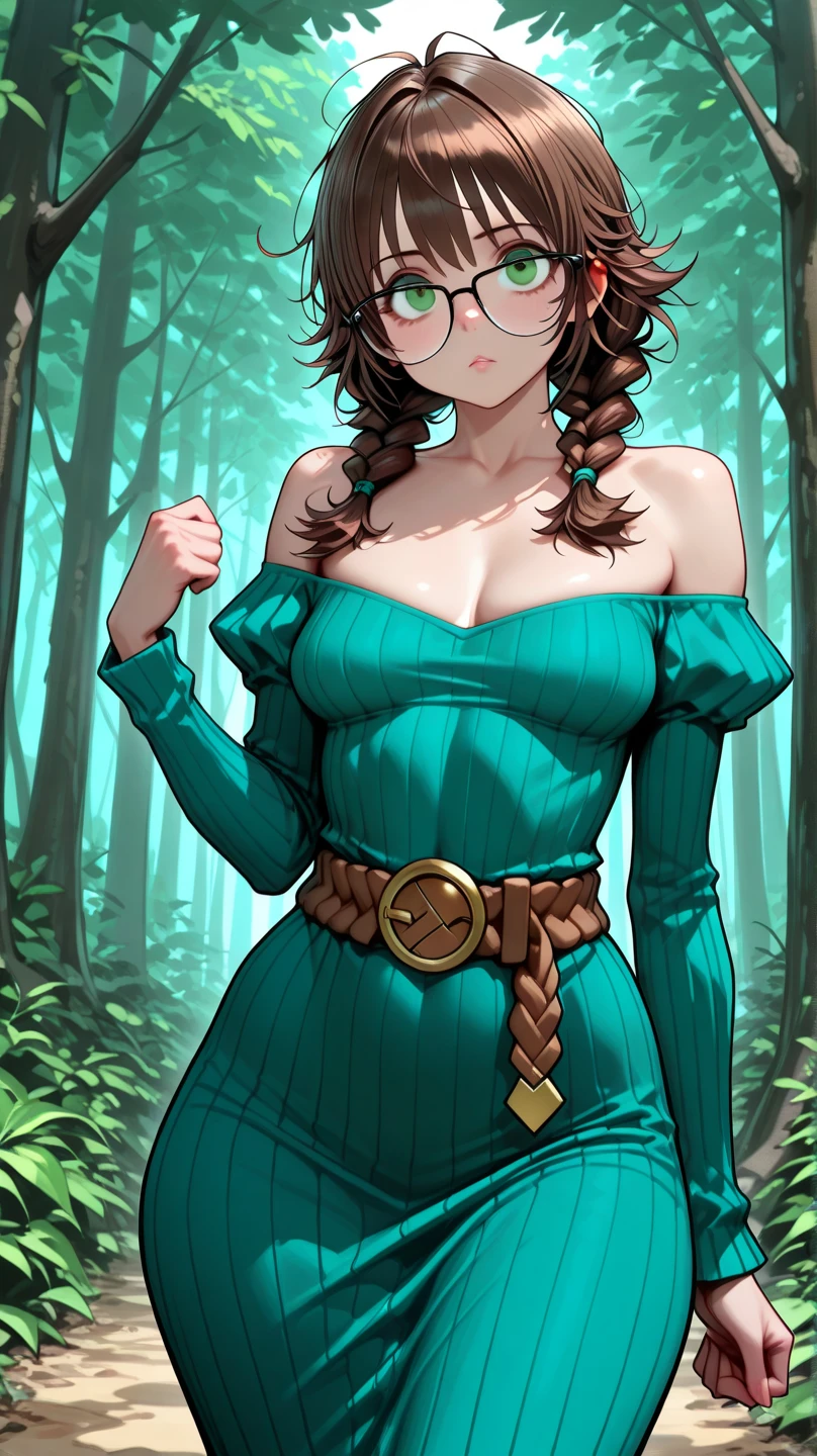 masterpiece, best quality, <lora:ftevergreen-nvwls-v1-000010:0.8> ftEver, glasses, purple and green dress, strapless dress, cleavage, (huge breasts:0.8), short dress, pantyhose, wariza, ground, flowers, tree, grass, looking at viewer, annoyed, blush, breast tattoo