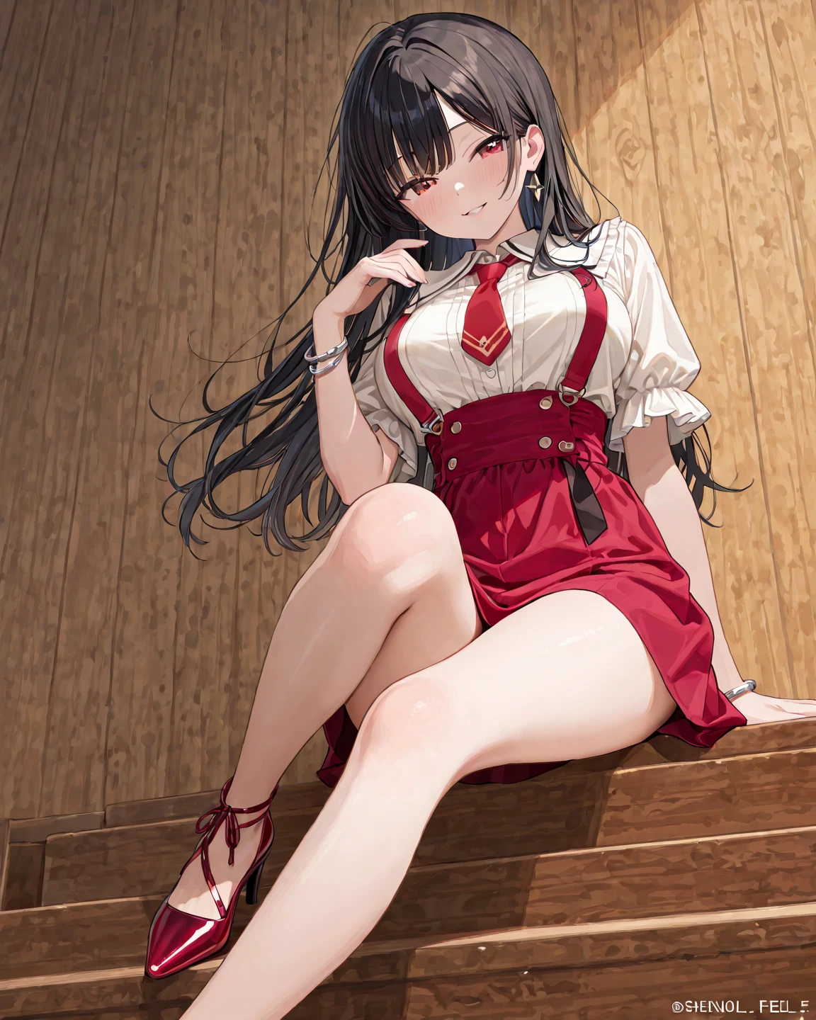 Woman, cute, adorable, smiling, straight hair, long hair, black hair, (sitting on chair:1.8),
(crossed legs:1.3),
BREAK (light-pink theme:1.4), (light-pink nurse cap on head:1.4), (elegant and glossy pink satin fabric luster:1.3), ((fit and flare, A-line):1.3), (fusion of very short sleeve light-pink satin one-piece dress and A-line ultra miniskirt:1.4), ((high neck, side open stand collar):1.3), ((closed-fitting, emphasizes body line):1.3), white overknee socks, white thigh-high tights, (pumps:1.2),
