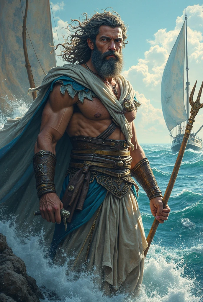 A male Stoic philosopher, around 2, with a well-proportioned and attractive physique, slightly tanned skin, and a short, well-trimmed beard, is depicted as a ship captain in the midst of a furious storm. He wears classic tunics in soft earthy tones—gray and olive green—with subtle gold or copper details, gently draping over his body, with one shoulder exposed. His gaze is intense and seductive, filled with determination as he grips the ship’s wheel. The scene is painted in an impressionist style, with dramatic brushstrokes capturing the storm’s chaotic energy, highlighting the contrasts of light and shadow, and emphasizing the philosopher’s struggle against the raging elements.