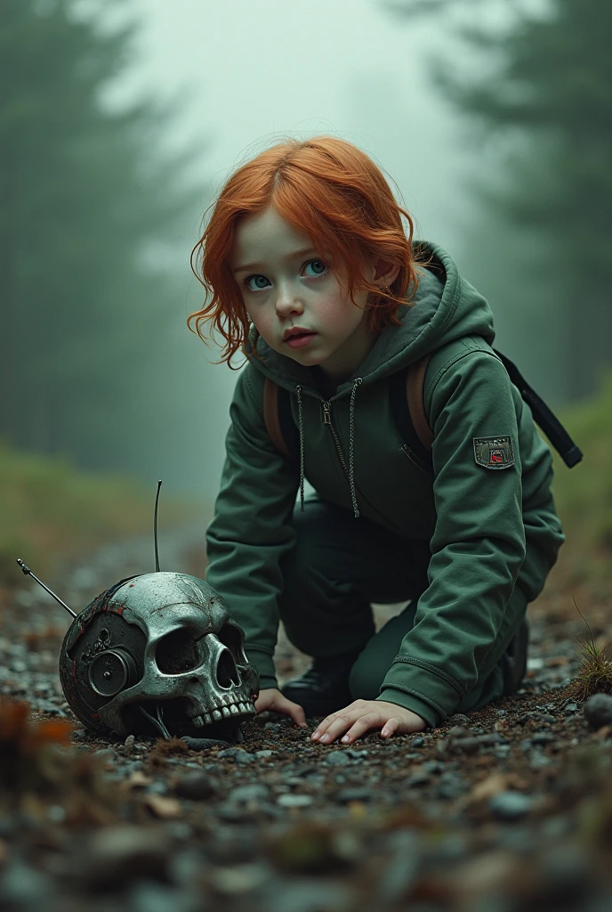 un  young encontrándose a un  damaged robot  y destruido,portrait,  young, white skin, red-haired green-eyed , detailed face,surprised expression,kneeling position, damaged robot ,broken metal pieces,scrap,debris,forest landscape,cloudy skies,dramatic lighting,art concept style,digital painting,4k,Ultra detailed,Foto-realista,hdr,desaturated color palette,dark and melancholic atmosphere