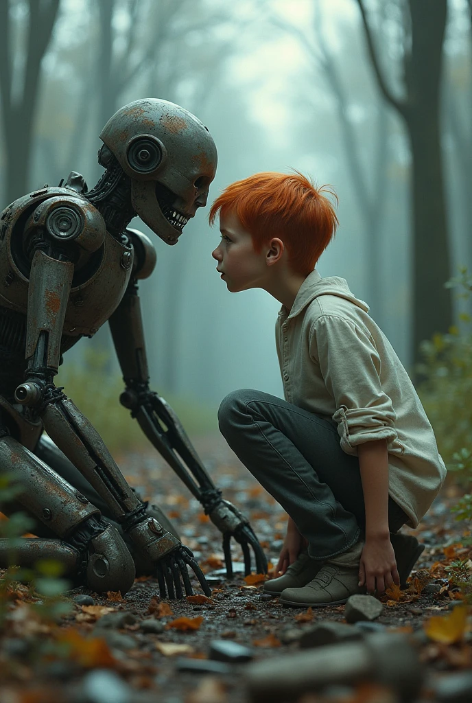un  young encontrándose a un  damaged robot  y destruido,portrait,  young, white skin, red-haired green-eyed , detailed face,surprised expression,kneeling position, damaged robot ,broken metal pieces,scrap,debris,forest landscape,cloudy skies,dramatic lighting,art concept style,digital painting,4k,Ultra detailed,Foto-realista,hdr,desaturated color palette,dark and melancholic atmosphere