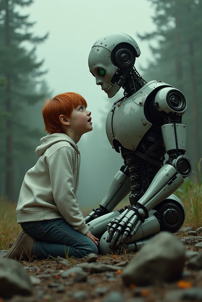 un  young encontrándose a un  damaged robot  y destruido,portrait,  young, white skin, red-haired green-eyed , detailed face,surprised expression,kneeling position, damaged robot ,broken metal pieces,scrap,debris,forest landscape,cloudy skies,dramatic lighting,art concept style,digital painting,4k,Ultra detailed,Foto-realista,hdr,desaturated color palette,dark and melancholic atmosphere
