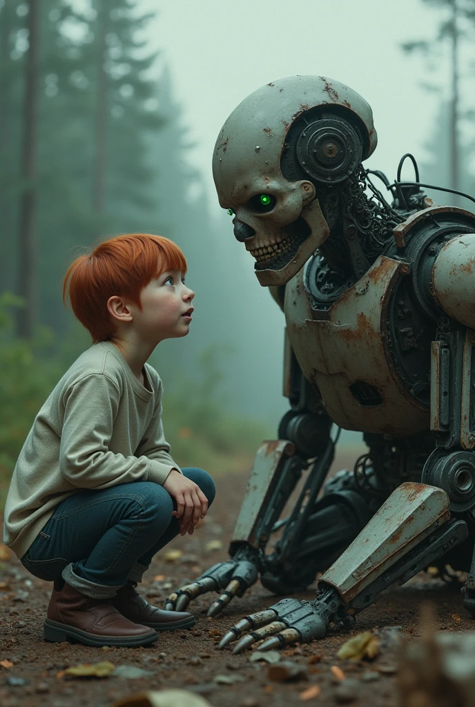 un  young encontrándose a un  damaged robot  y destruido,portrait,  young, white skin, red-haired green-eyed , detailed face,surprised expression,kneeling position, damaged robot ,broken metal pieces,scrap,debris,forest landscape,cloudy skies,dramatic lighting,art concept style,digital painting,4k,Ultra detailed,Foto-realista,hdr,desaturated color palette,dark and melancholic atmosphere