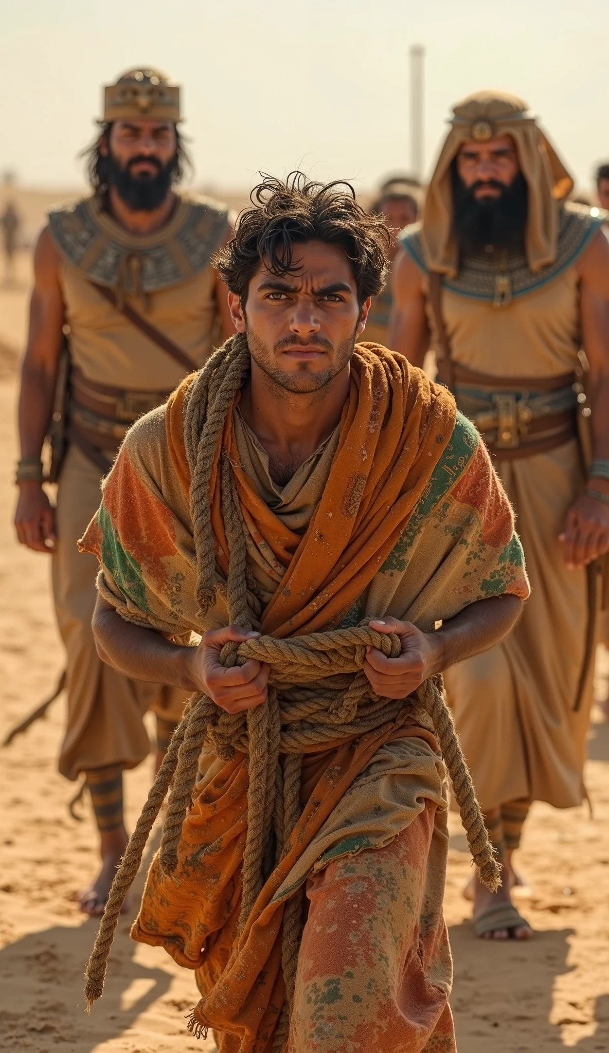 Young Epictetus as a Slave:
Prompt: "A young man dressed in ragged, worn-out clothes, carrying heavy loads on his shoulders. He has a calm and focused expression despite the hardship. The scene is set in a dusty, rough environment, with simple stone buildings in the background, representing a life of slavery." Higher realistic
It is related to the previous generated image