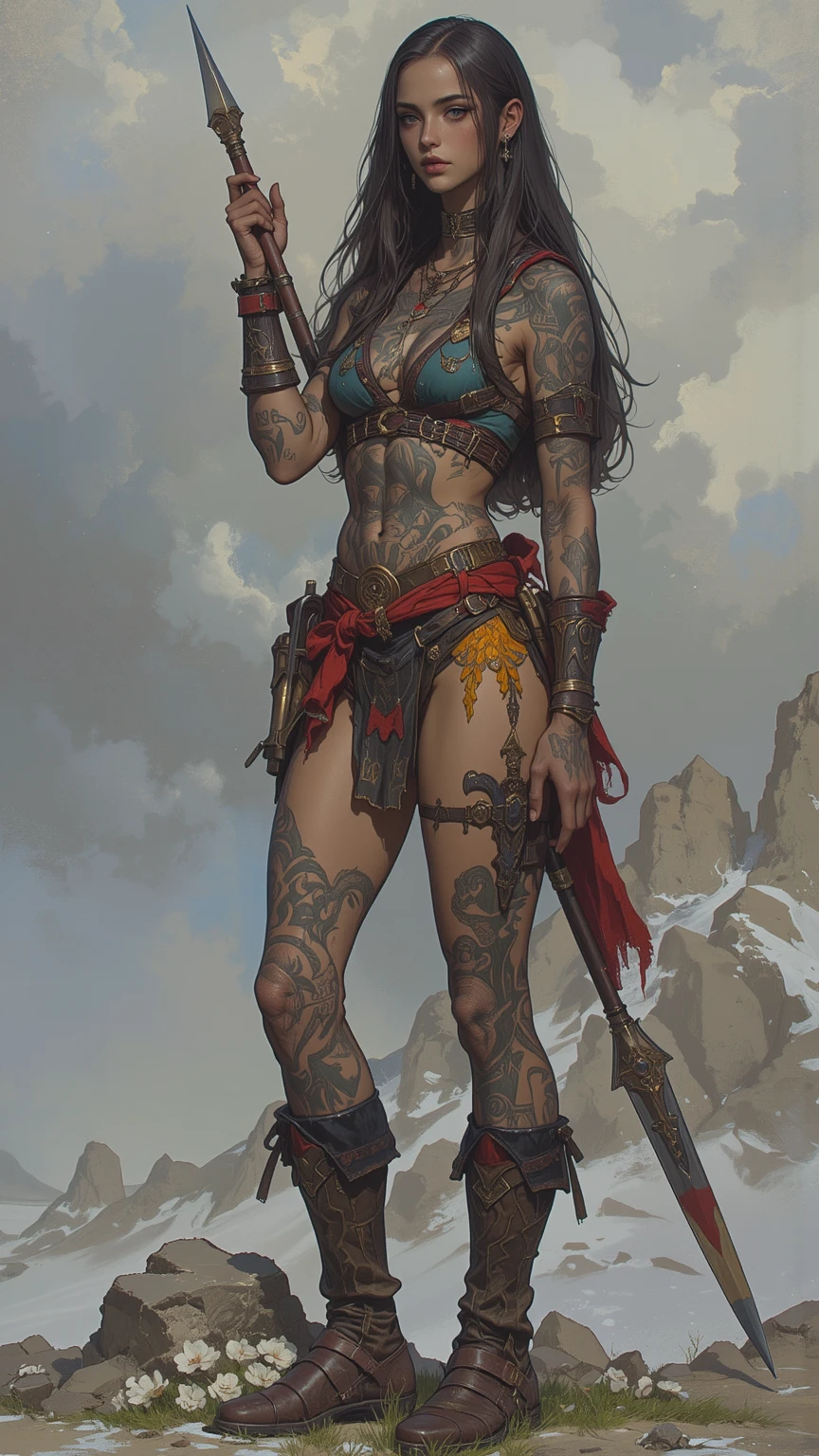 arafed woman with tattoos holding a sword and a sword, beautiful female warrior, female warrior, portrait of a woman warrior, a beautiful woman warrior, north adult female warrior, warrior girl, warrior woman, female samurai, high quality fantasy stock photo, north female warrior, tattooed skin, amazon warrior, mystical post apocalyptic cyborg, fantasy character photo, portrait of a barbarian female