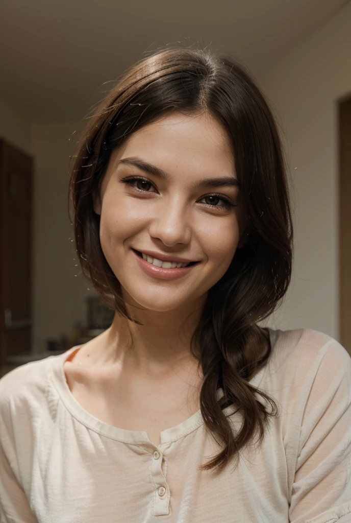portrait 35 years old american woman smiles. Light skin, straight dark hair, dark eyes
