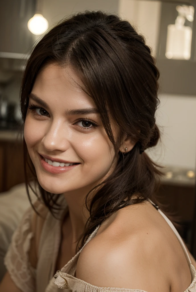 photo of a delighted housewife in suburban home,smiling,realistic,professional photograph,dramatic light,(finely detailed face:1.2),jewelry,slender,petite,