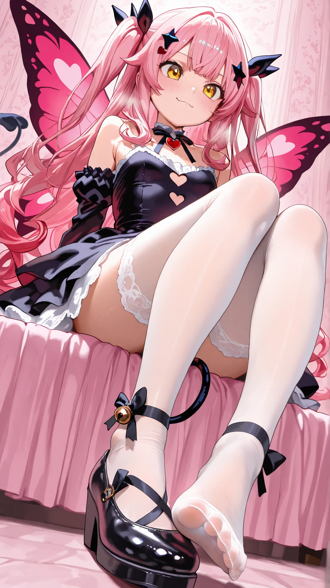 score 9 up, score 8 up, score 7 up big black man, 1 femboy focus, pink goth, big lips, mascara, pink eyeshadow, , blonde hair, gradient hair, straight long hair, hime cut, pink armbands, pink stirrup thighhighs, stripes, toes, pink toenail polish, pink nail polish, pink hair ribbons, pink choker, rings, toe ring, pink lipstick, spikes, pink dress, indoors, SFW, pants,