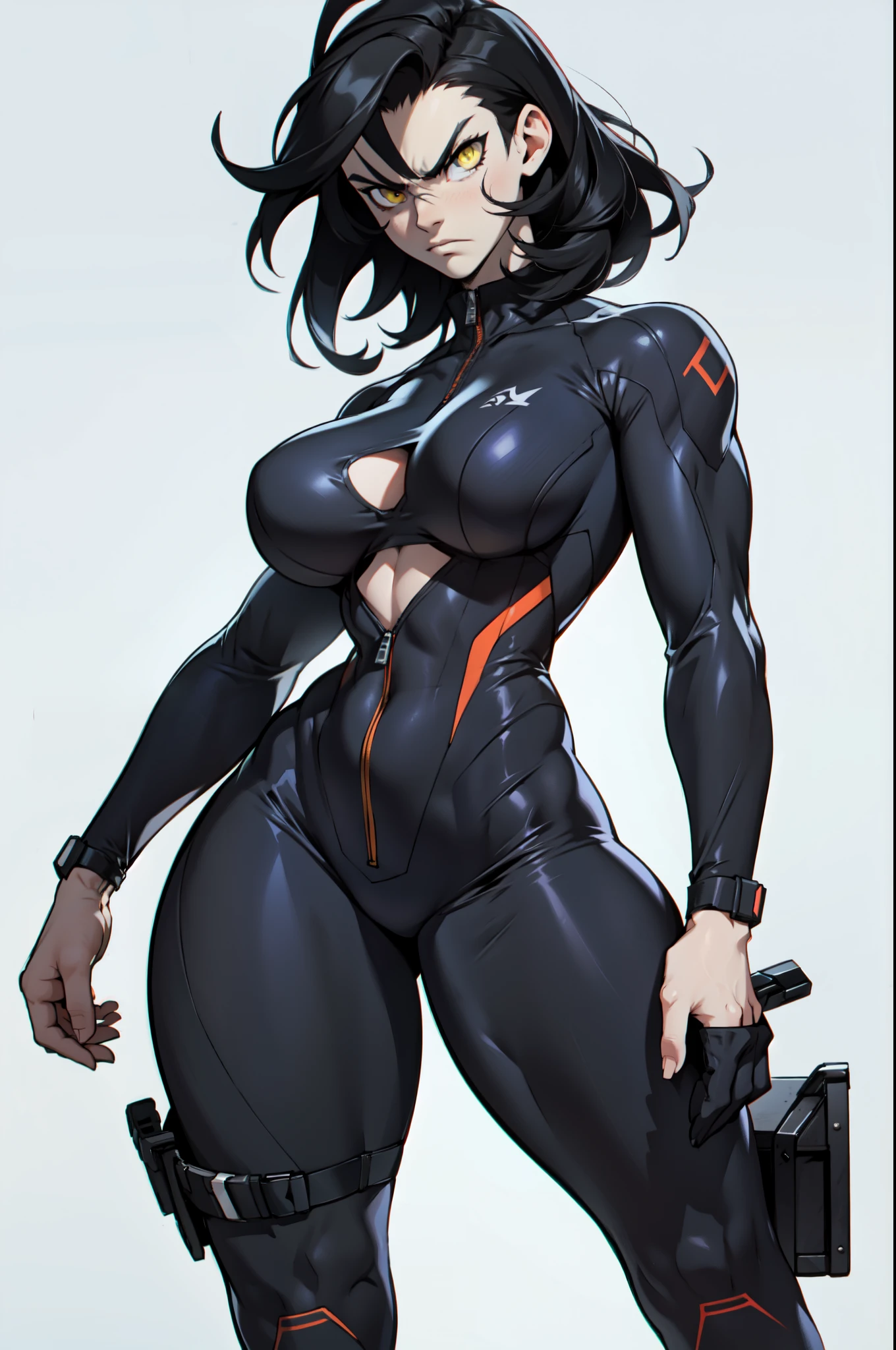 (((((((1 girl muscular))))))) angry yellow eyes black hair pale skin thick thighs (pilot suit) bodysuit solo standing shiny skin long hair