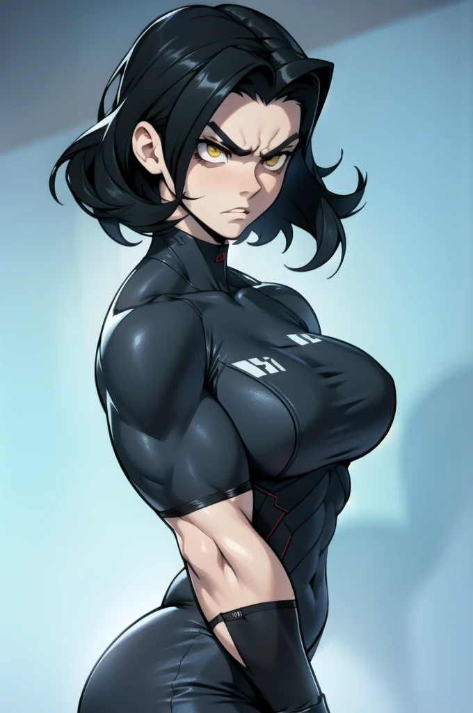 (((((muscular girl))))) black hair yellow eyes pale skin huge breasts skintight sad expressionless