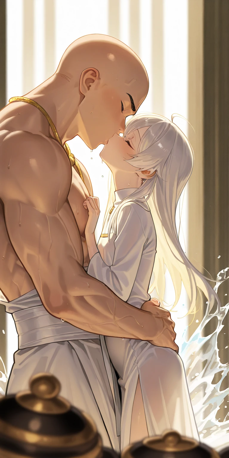 (1 woman,fairy, fairy 왕관 ,transparent white porcelain, ((Transparent wet dress)),((Nudity)) ((black skin)), white gloves, gray hair, long hair,green eyes, droopy eyes,Vaginal insertion hurts )(1 man, Muscular body, huge penis, strong body) ((I see female breasts,,,fat body, Vaginal insertion,excitement,pain)), ((dirty abandoned factory)), Clear outlines, short sleeve, best quality, masterpiece,((man and woman kiss))Clear outlines,best quality, masterpiece,((French kiss))((sweat,Warmth))