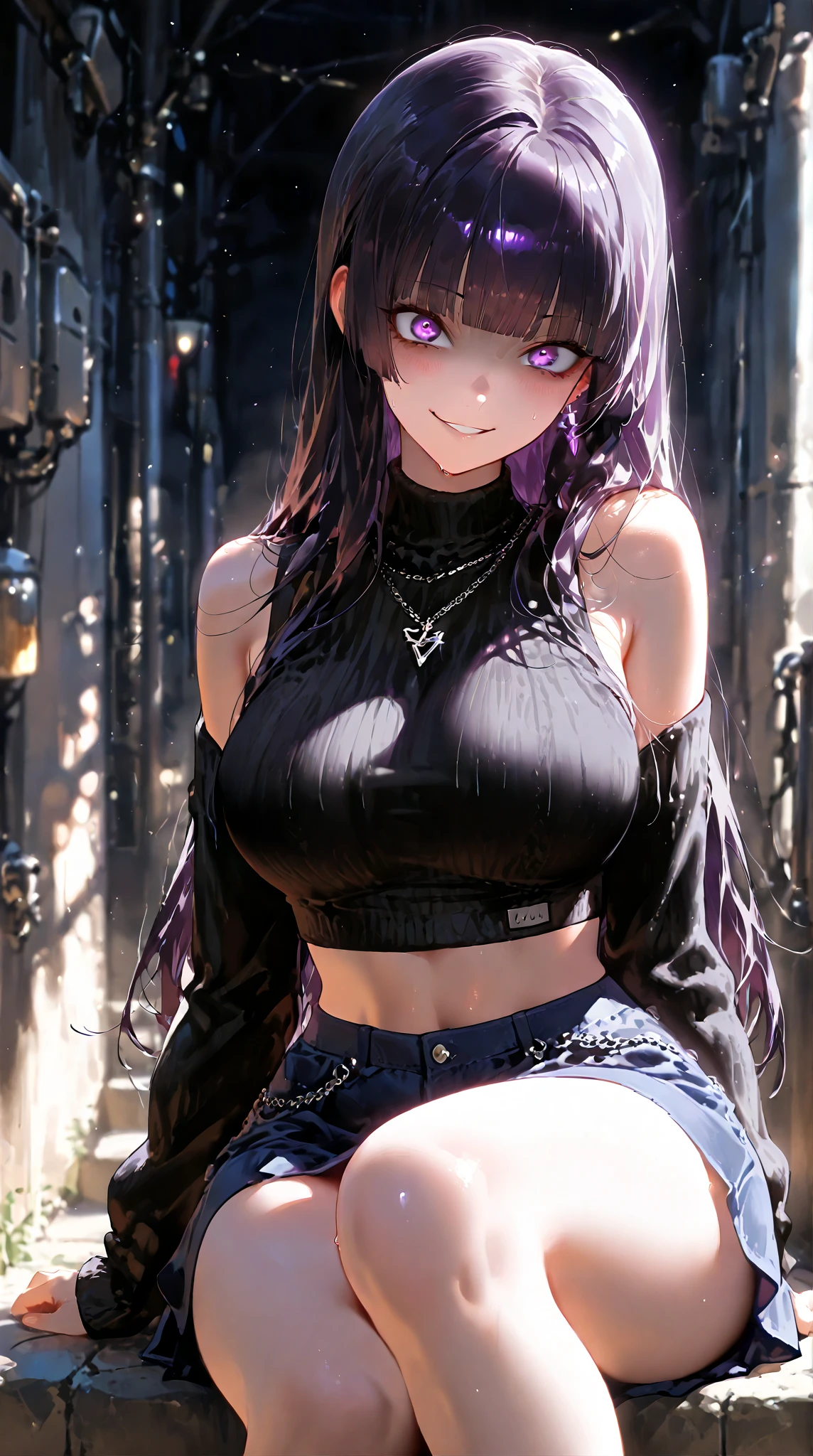 Jersey material is cotton、A slight smil、Transcendent beauty、Dark Gothic Makeup、Sweat glitters on my face、Sweat glitters on my thighs、The whole body is shiny with sweat.、Long hair straight hair、Purple hair、Transcendent cute face、Sit up、a bed、sprawl、Dark black knee-high socks、Dark Black Thigh Socks、Dark blush、masutepiece、8K、dark black eye shadow、24 year old、wretched、Sticky shiny thighs、Sweat a lot all over your body、chies、Too large tops、Sweat shining generously on the thighs、A smile、Smile、Underwear black、Transcendent Denim Short、Denim length super short、Mini Hot Pants、Tight denim、Slender system、Stained glass background、boredom、Sad face、Sweat glistens on my face、Stop Close-up、Wearing a black bra、Slender figure、Bust size is C cup、3D、Wear the Adidas jersey、