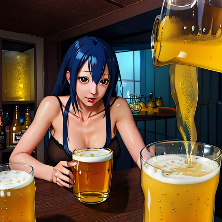 High resolution, high quality, 1 girl, anime girl, dark blue hair,ponytail,long hair,dull bangs, dark blue eyes,Mansuji,widen the anus,clenched teeth,[[pale skin]],Glossy skin, big breasts,beautiful breasts,(big ass),beautiful butt,pink high leg water wear,sitting,arm behind head,(lemon juice),(orange juice),(mango juice),(water),at the cafe,