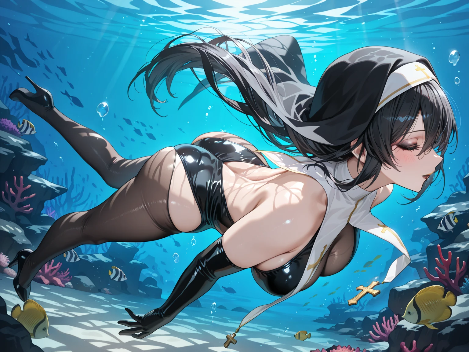 highly detailed mature woman shizuka with a horny seductive pose detailed face, detailed full body, curvy ass, oily skin, symmetric face, cute, belly pin, long black hair, masterpiece, 8k, ultra realistic solo beautiful female, female tied up by group of fishes, very close distance from group of fishes, attacked by group of fishes, fucked by group of fishes, raped by group of fishes, crowded by group of fishes, crowded from front back up down side group of fishes, crushed by group of fishes. Picture the girl gracefully swimming amidst the ocean depths, with sunlight filtering through the water. Imagine remora fishes attached to her breast, pussy, ass, body with their distinctive suction cup mouths, forming a sexual bond. Capture the serenity and beauty of this underwater moment, with the girl's flowing hair and the sleek bodies of the remora fishes gliding gracefully alongside her, underwater scene