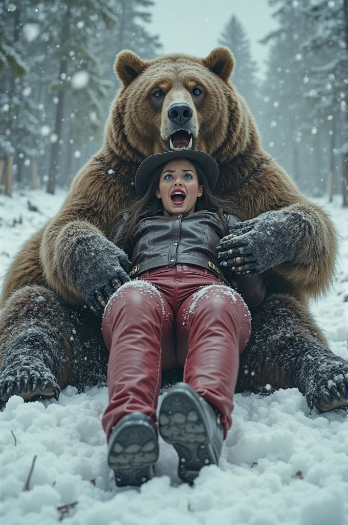 NSFW (nude) (Anna ((human)) medium breasts, strip of pubic hair) vaginal penetration, fucking male furry polar bear with red dog penis, full body, in a deserted snowy landscape