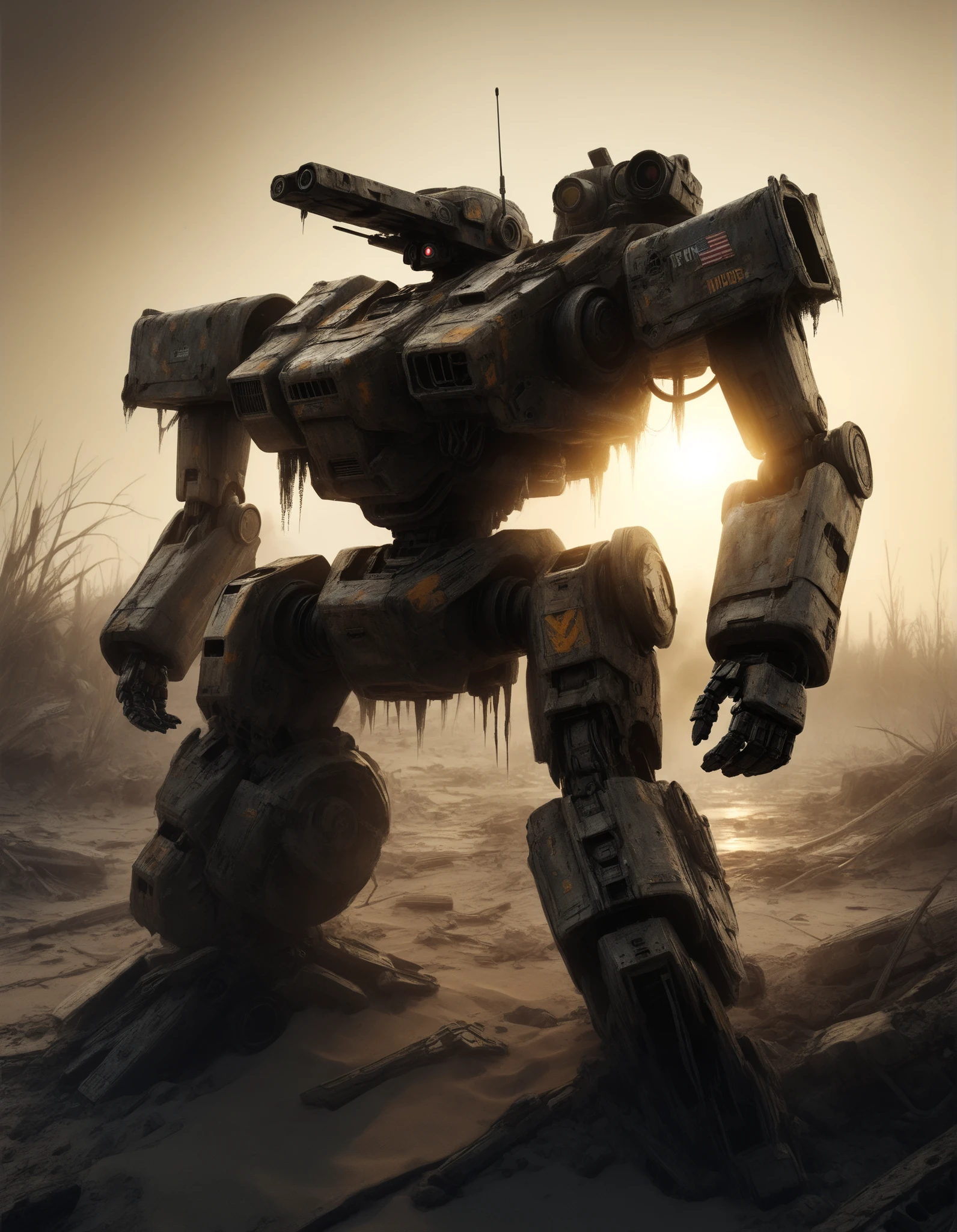 A damaged humanoid war robot kneeling in a desolate battlefield, its body covered in scars, scratches, and bullet holes. The robot has exhausted all ammunition, slumped forward like a soldier who has lost all strength. Dust and sand cling to its frame, creating a gritty, weathered texture. The battlefield around it is a scorched wasteland, charred earth and smoldering debris under a dramatic sunset sky. All human soldiers have retreated, leaving the robot behind. The atmosphere is melancholic and haunting, evoking a sense of abandonment and tragic beauty.